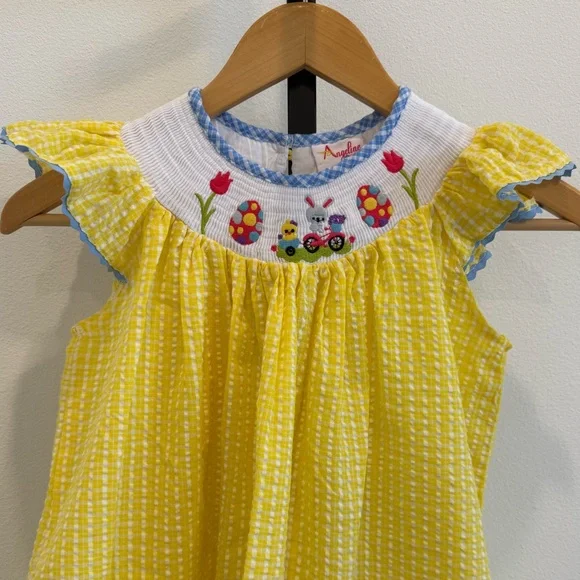 Angeline Kids Charming Smocked and Embroidered Kids Yellow Check Easter Dress 6 - Picture 2 of 7